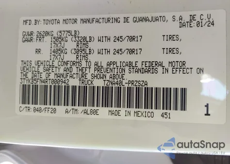 2024 Toyota Tacoma Double Cab from USA, damaged, VIN 3TYKB5FN4RT000942